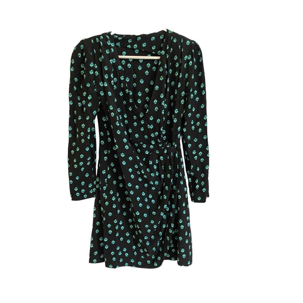 MAJE Renimi Crepe Faux Wrap Dress Black Sz 1 S Shoulder Pads Mini Long Sleeve